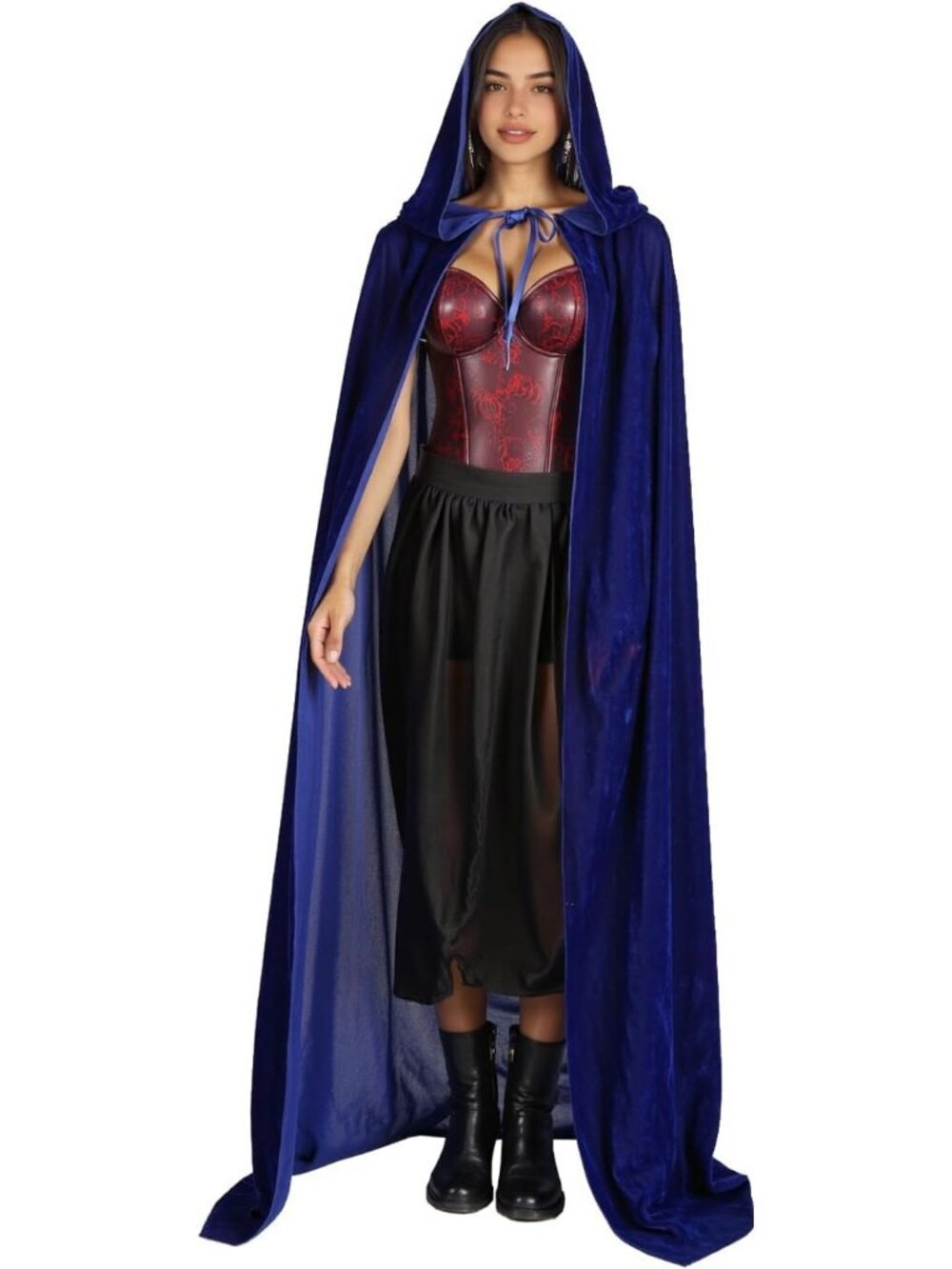 Adult Blue Velvet Hooded Cloak Cape Halloween Witch Vampire Cosplay Costume